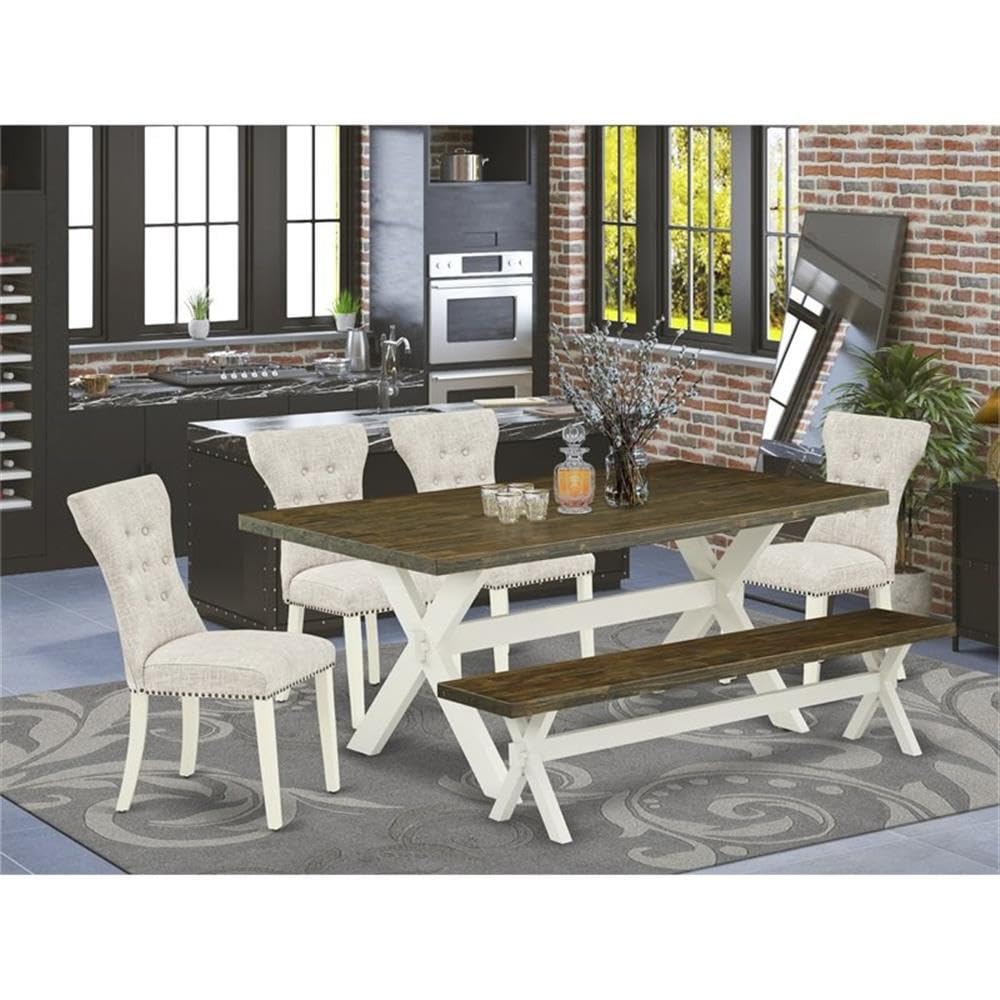 East West Furniture X077Ga235-6 6 Piece Modern Dining Table Set Contains A Rectangle Wooden Table With X-Legs And 4 Doeskin Linen Fabric Parson Chairs With A Bench, 40X72 Inch, Multi-Color
